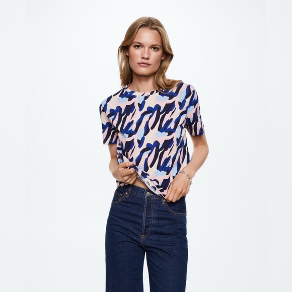 MNG Patterned Blue and Pink Tee - Picture 1 of 7